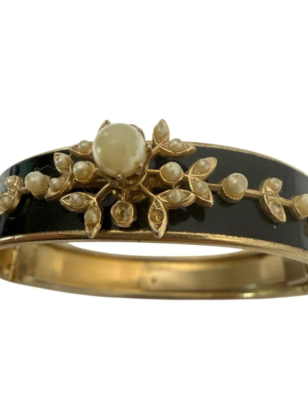 Vintage Victorian Revival Bangle Bracelet Black Enamel Faux Pearl Goldplate